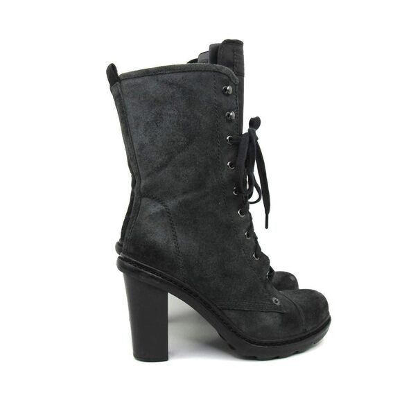 Prada Sport Grey Suede Block Heel Lace Up Mid Calf Boots SZ 37 - Picture 2 of 8